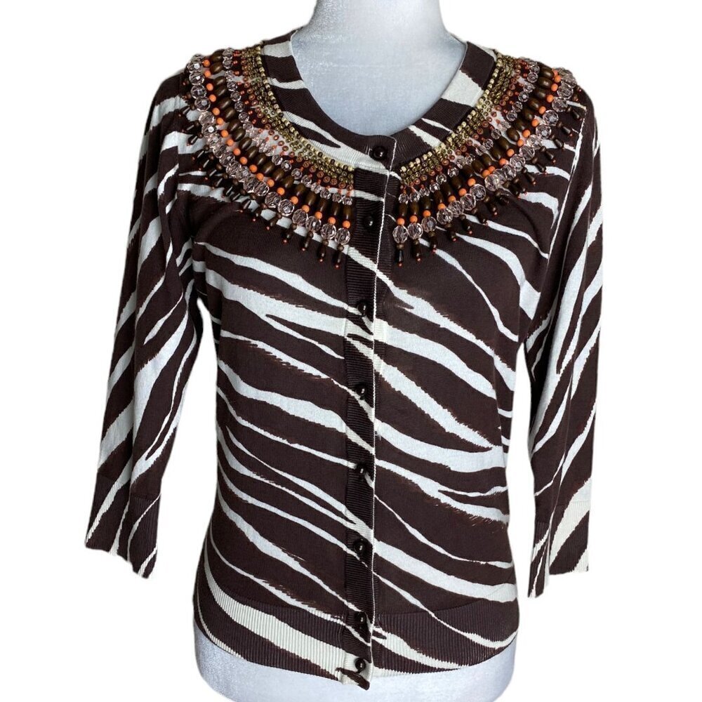 Kate Spade New York Zebra Print Beaded Cardigan Sweater Womens Sz XS